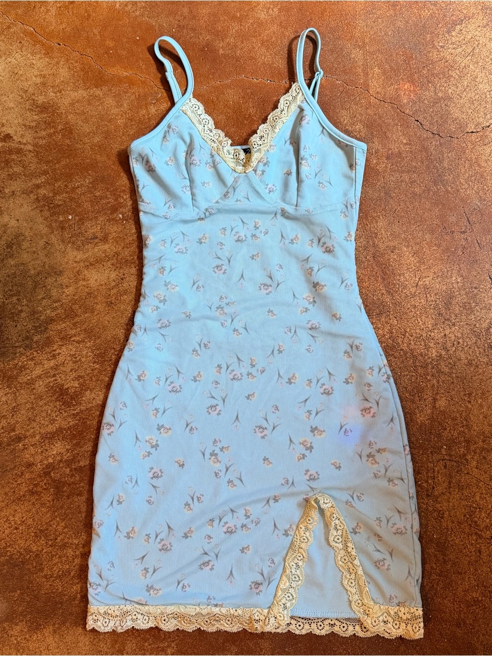 Light Blue Floral Lace-Trim Dress